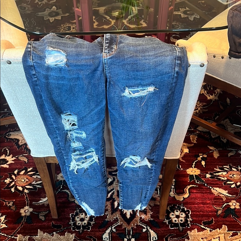 American Eagle Outfitters Blue Skinny Jeans with Distressed Details